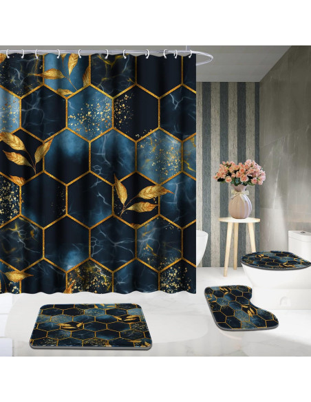 Conjunto de Cortina de Ducha Poedist 4 Piezas Mármoles Azul