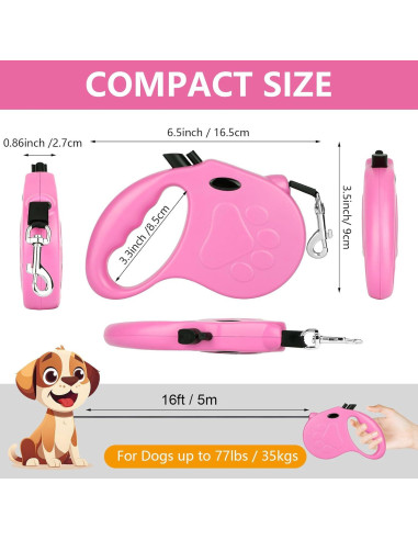 Correa de Perro Retráctil Makife 4.88m para Perros hasta 35kg - Rosa