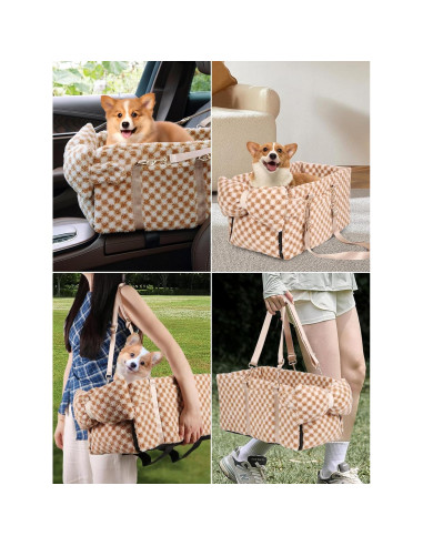 Asiento de Coche Elevador para Mascotas Prpeko - Cuadrícula Marrón