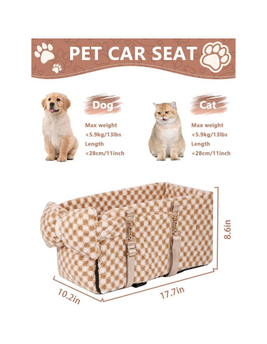 Asiento de Coche Elevador para Mascotas Prpeko - Cuadrícula Marrón