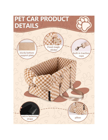 Asiento de Coche Elevador para Mascotas Prpeko - Cuadrícula Marrón