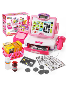 Caja Registradora Rosa con Calculadora para Niños 3-8 Años