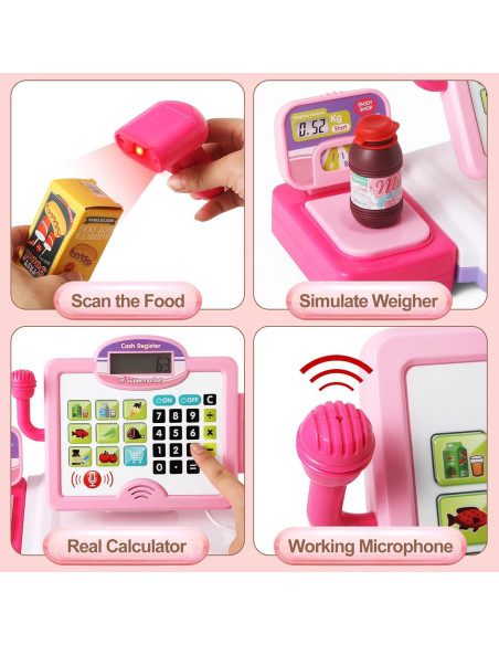 Caja Registradora Rosa con Calculadora para Niños 3-8 Años