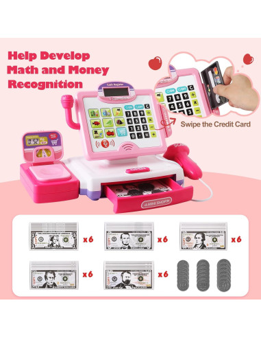 Caja Registradora Rosa con Calculadora para Niños 3-8 Años