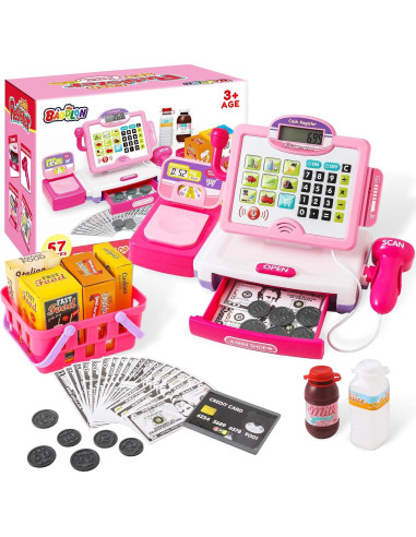 Caja Registradora Rosa con Calculadora para Niños 3-8 Años