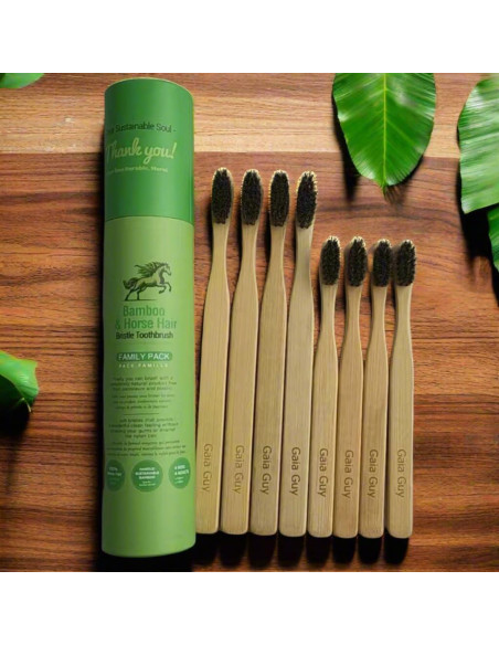 Paquete Familiar de Cepillos de Dientes Gaia Guy - 8 Unidades de Bambú y Cerda de Caballo Paquete Familiar de Cepillos de Dientes Gaia Guy - 8 Unidades de Bambú y Cerda de Caballo