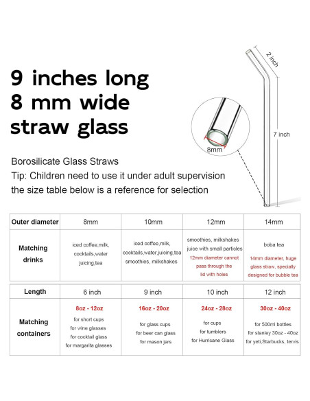 Popotes de vidrio LIFEHIM 9" (22.86 cm) 8mm reutilizables
