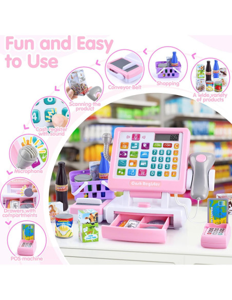 Caja Registradora Juguete PLAY Rosa con Calculadora y Accesorios