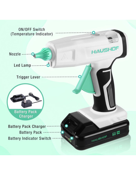 Pistola de Pegamento Caliente Inalámbrica HAUSHOF 20V con 20 Barras