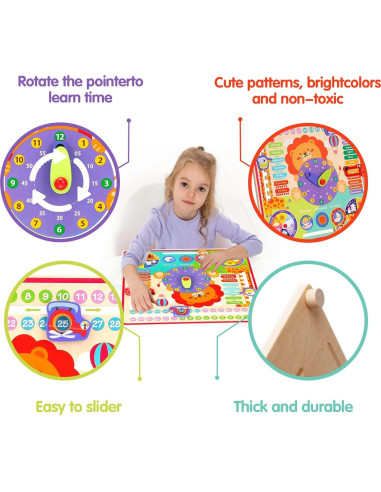 Calendario de Madera Montessori para Niños 4 Años - Reloj Educativo