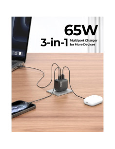 Cargador USB-C MUNBYN 65W Plegable 3 Puertos GaN Negro 2