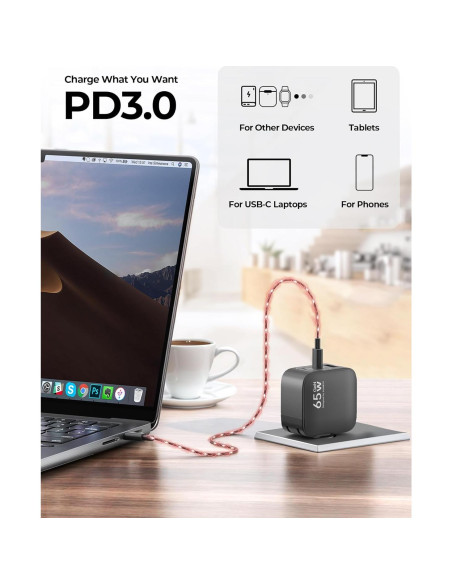 Cargador USB-C MUNBYN 65W Plegable 3 Puertos GaN Negro