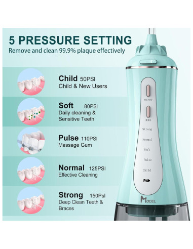 Irrigador Dental Inalámbrico MOCEL 350ml 5 Modos Verde