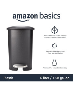 Basurero Compacto Amazon Basics 6L Negro con Pedal Silencioso 2
