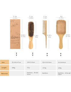 Juego de 3 Cepillos de Pelo de Bambú MenGate - Desenredante y Cerda de Jabalí 2