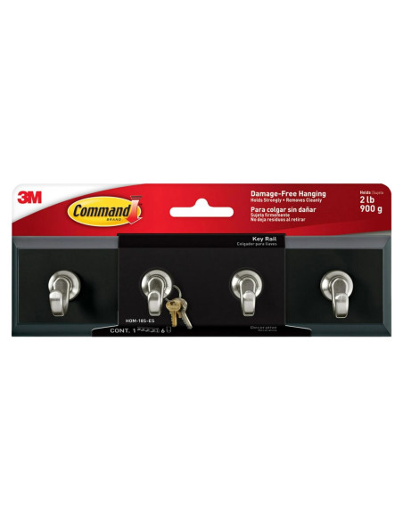Riel Decorativo para Llaves Command 3M, 4 Ganchos, Negro/Plata
