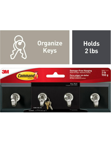 Riel Decorativo para Llaves Command 3M, 4 Ganchos, Negro/Plata
