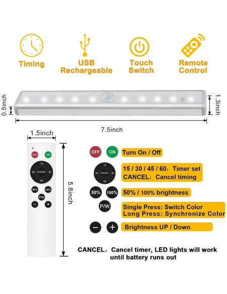 Luces LED Bajo Gabinete Diomart, 4 Pcs Recargables con Control Remoto