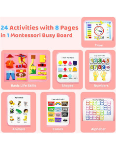Tablero Ocupado Montessori Rosa - Juguete Educativo 24 Actividades 2