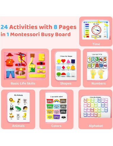 Tablero Ocupado Montessori Rosa - Juguete Educativo 24 Actividades