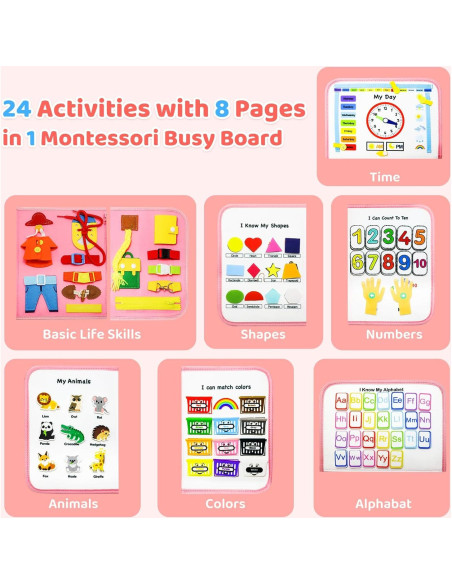 Tablero Ocupado Montessori Rosa - Juguete Educativo 24 Actividades