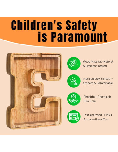 Banco de Dinero Personalizado PrimRend de Madera 9" Letra E