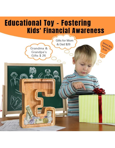 Banco de Dinero Personalizado PrimRend de Madera 9" Letra E