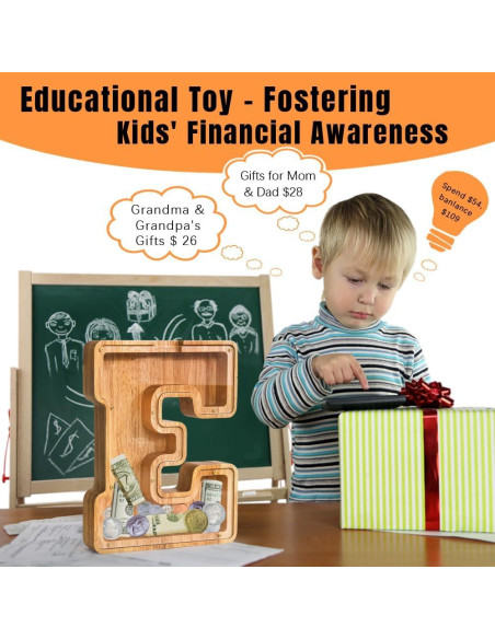 Banco de Dinero Personalizado PrimRend de Madera 9" Letra E