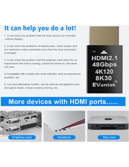 Emulador HDMI 2.1 Dummy Plug 4K 120Hz EVanlak - 10 Piezas