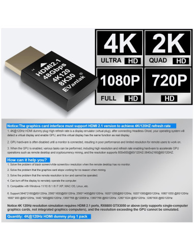 Emulador HDMI 2.1 Dummy Plug 4K 120Hz EVanlak - 10 Piezas