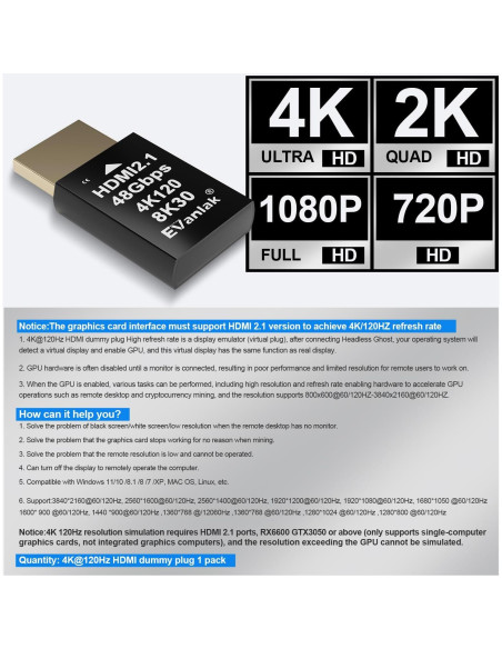 Emulador HDMI 2.1 Dummy Plug 4K 120Hz EVanlak - 10 Piezas