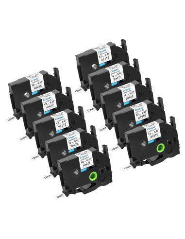 Cinta de Etiqueta Laminada Cruxer TZe-231 12mm Negra sobre Blanca - 10 Paquete