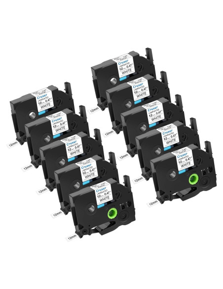 Cinta de Etiqueta Laminada Cruxer TZe-231 12mm Negra sobre Blanca - 10 Paquete