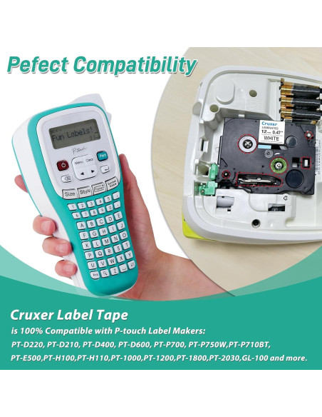 Cinta de Etiqueta Laminada Cruxer TZe-231 12mm Negra sobre Blanca - 10 Paquete
