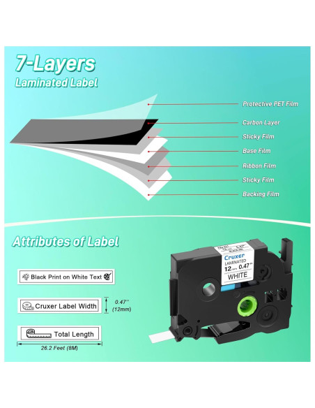 Cinta de Etiqueta Laminada Cruxer TZe-231 12mm Negra sobre Blanca - 10 Paquete
