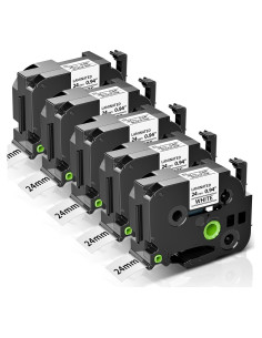 Cinta de Etiquetas Laminada Anycolor TZe-251 24mm Negro sobre Blanco - Paquete de 5