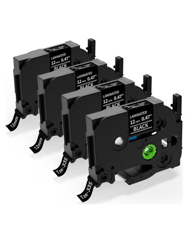 Cinta de Etiqueta Laminada AONOMI TZe-335 12mm Negra sobre Blanca - Paquete de 4