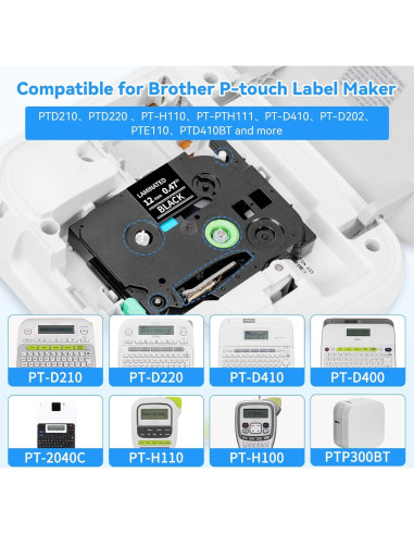 Cinta de Etiqueta Laminada AONOMI TZe-335 12mm Negra sobre Blanca - Paquete de 4