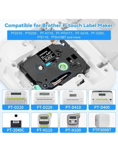 Cinta de Etiqueta Laminada AONOMI TZe-335 12mm Negra sobre Blanca - Paquete de 4