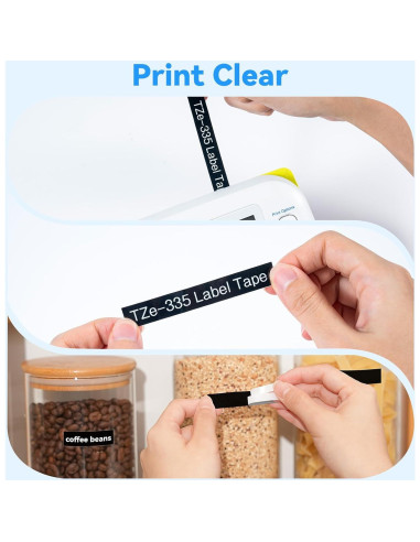 Cinta de Etiqueta Laminada AONOMI TZe-335 12mm Negra sobre Blanca - Paquete de 4