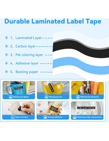 Cinta de Etiqueta Laminada AONOMI TZe-335 12mm Negra sobre Blanca - Paquete de 4