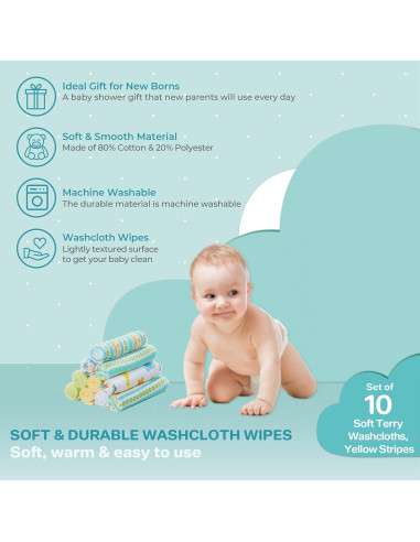 Juego de Toallitas de Baño Spasilk para Bebés 10 Piezas Rayas Amarillas