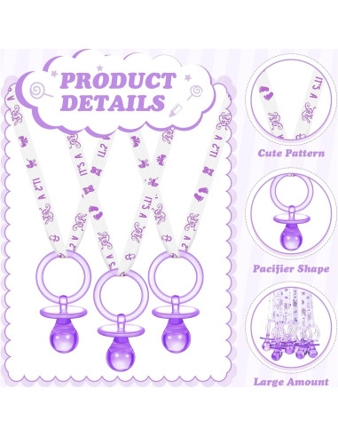 36 Chupetes Acrílicos para Baby Shower Tigeen - Púrpura y Blanco