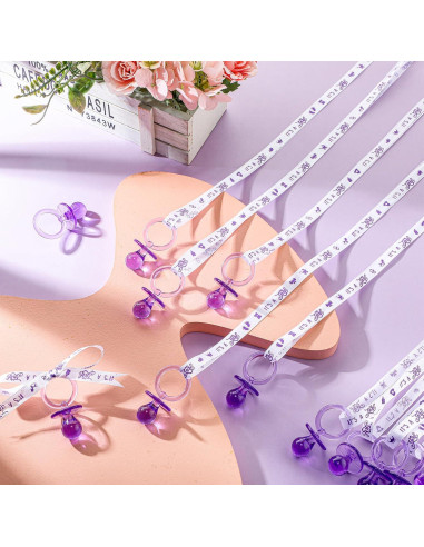 36 Chupetes Acrílicos para Baby Shower Tigeen - Púrpura y Blanco