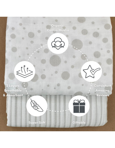 Mantas de Muselina Orgánica MOZAH - Rayas y Puntos - 2 Unidades