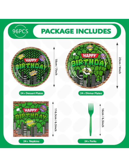 Kit de Cumpleaños de Tortuga Grencian - 96 Piezas Desechables
