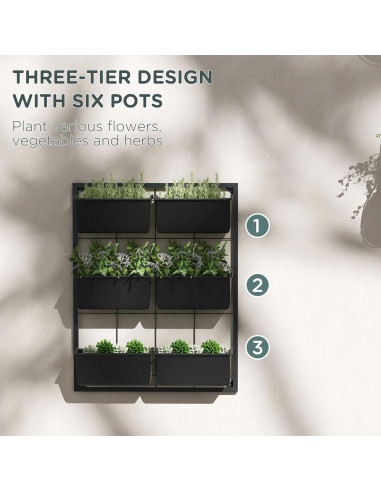 Jardinera de Pared Outsunny 3 Niveles con 6 Macetas Negra