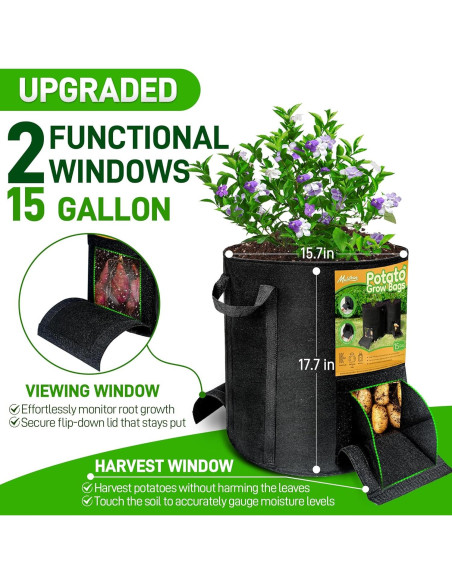 4 Bolsas de Cultivo de 56.8 L Mulctun con Ventanas de Cosecha