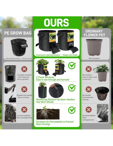 4 Bolsas de Cultivo de 56.8 L Mulctun con Ventanas de Cosecha