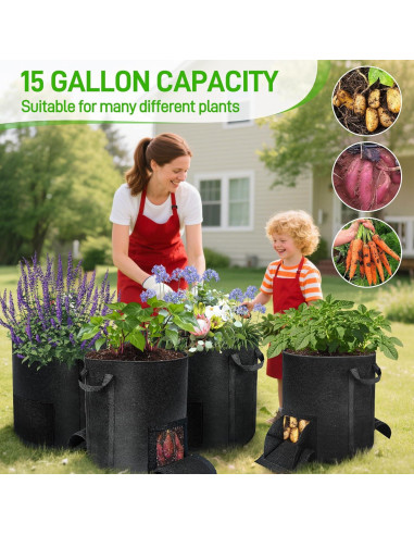 4 Bolsas de Cultivo de 56.8 L Mulctun con Ventanas de Cosecha